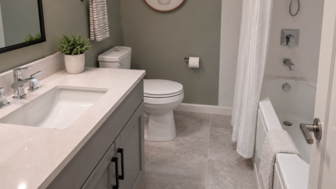 A clean, well-maintained bathroom with vanity, toilet, and shower area visible.