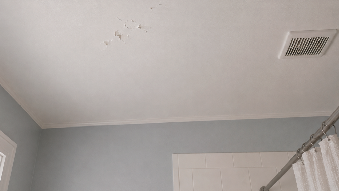 Bathroom ceiling showing peeling paint above the shower area, with an exhaust fan grille visible in the corner.