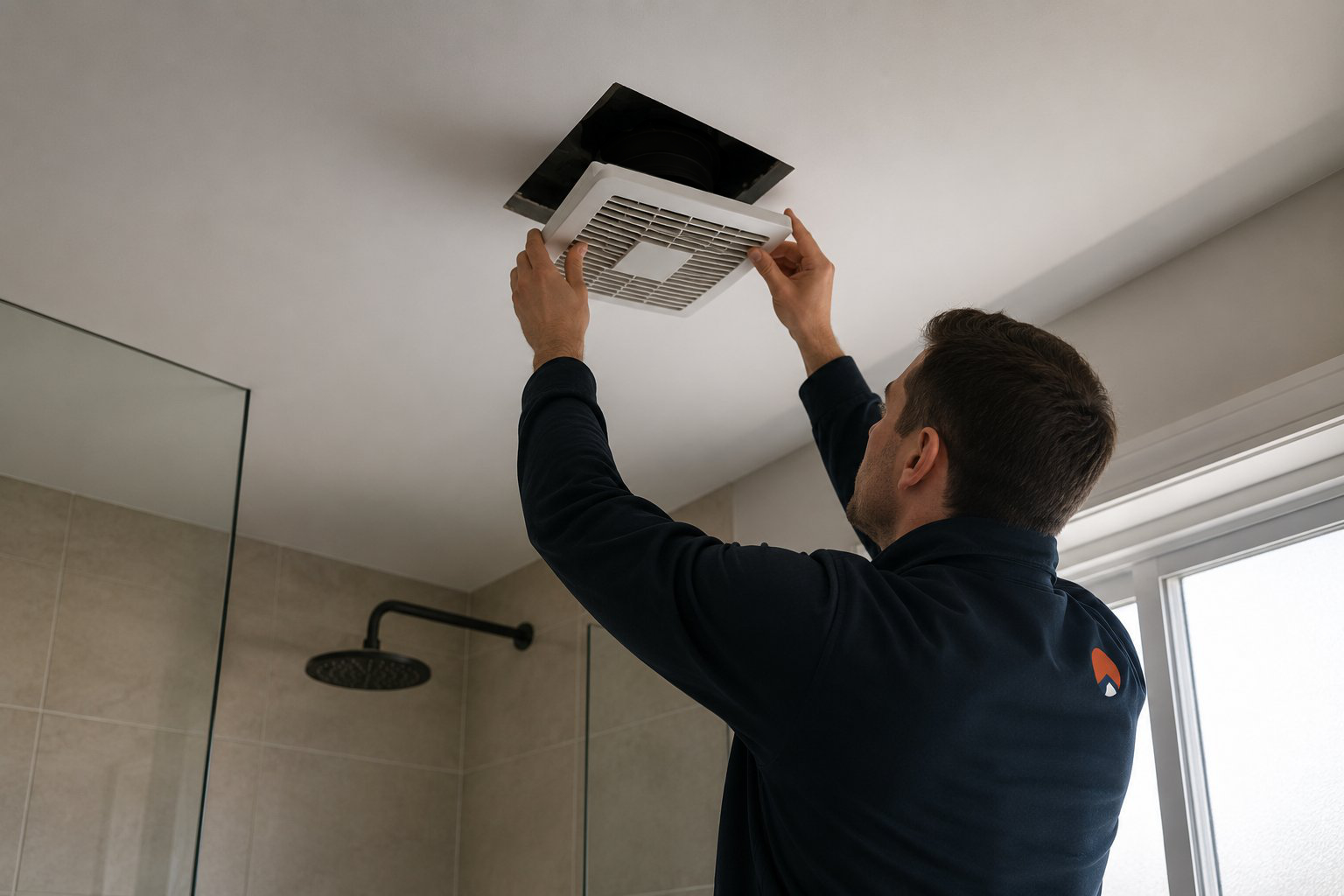 Bathroom fan installation — Emmassa technician fitting grille