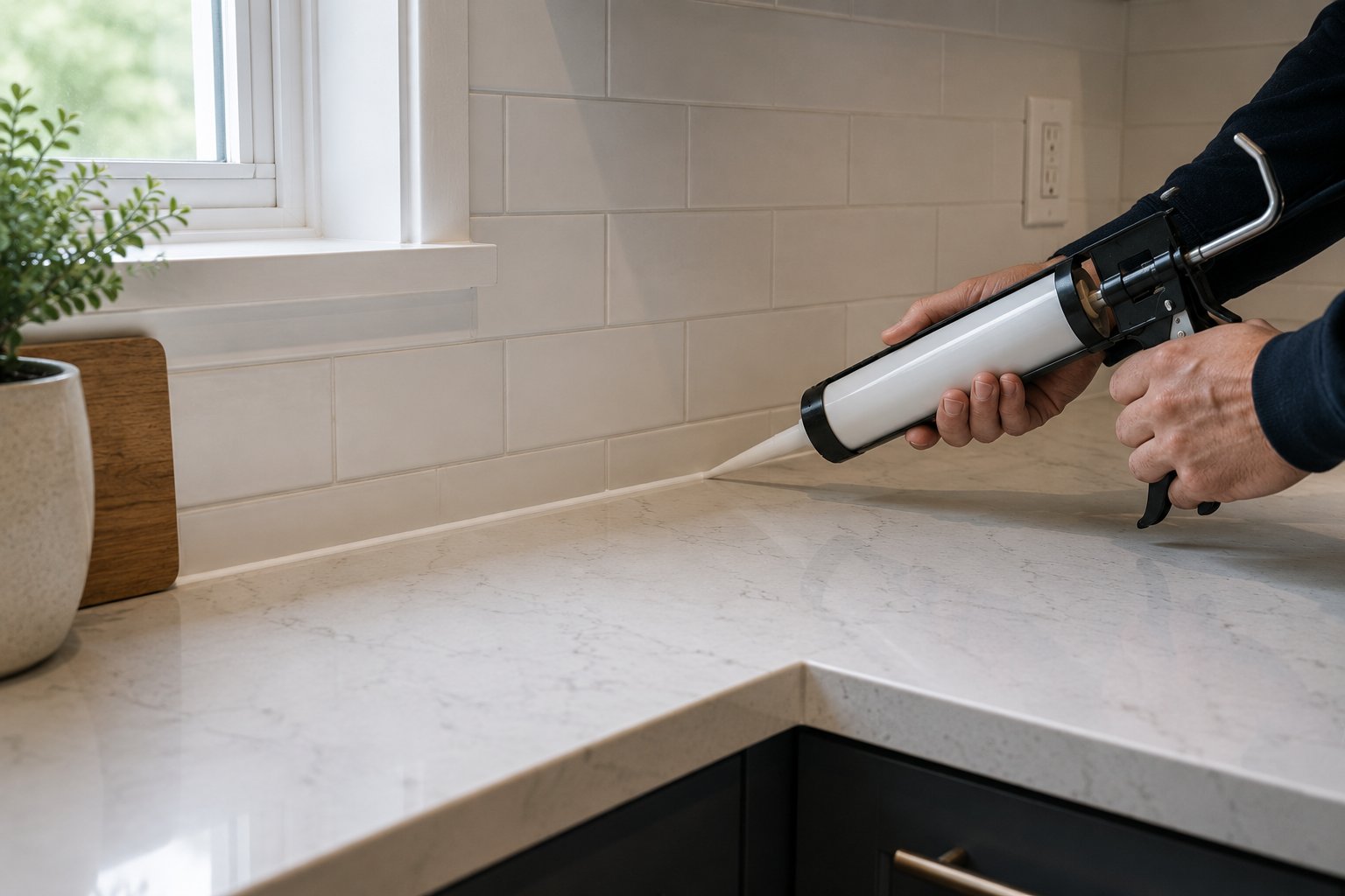 Silicone resealing — fresh bead applied at countertop joint