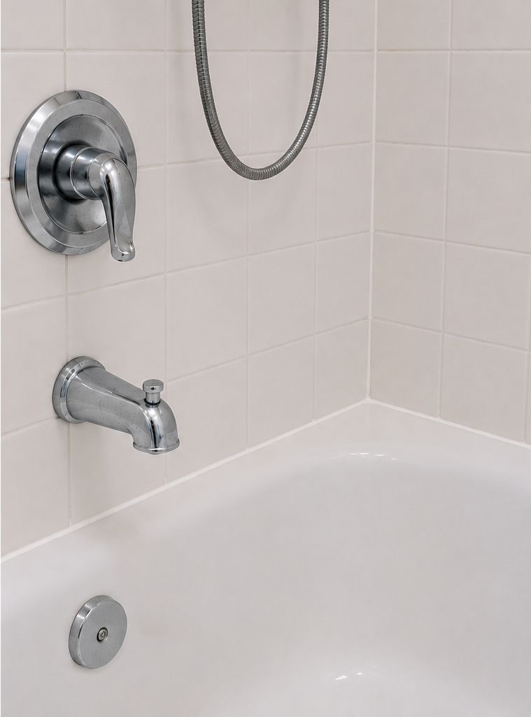Bathroom before maintenance — degraded silicone, old fan grille, worn grout
