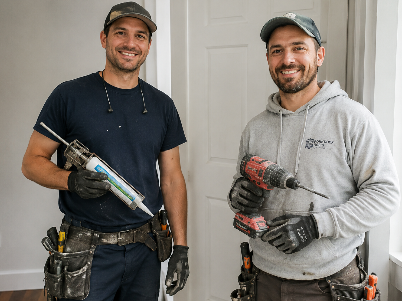 Workers posing with tools — avoid